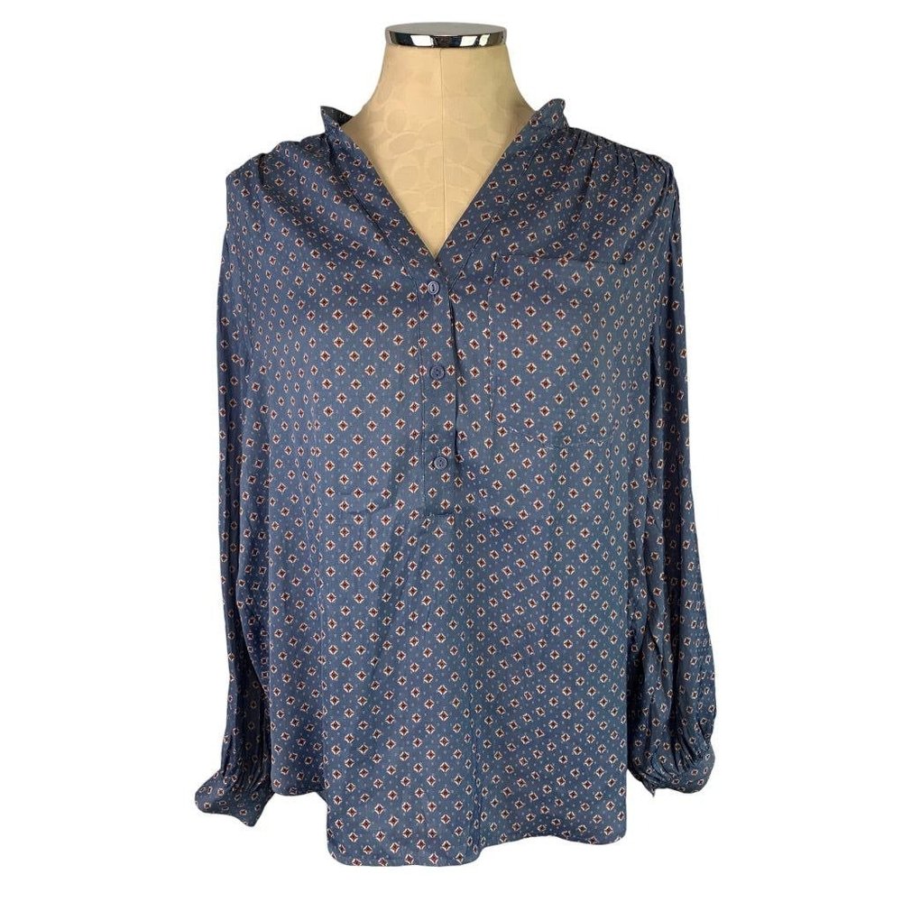 8 H&M Women's Popover Blue Ascot Print Blouse Single Pocket